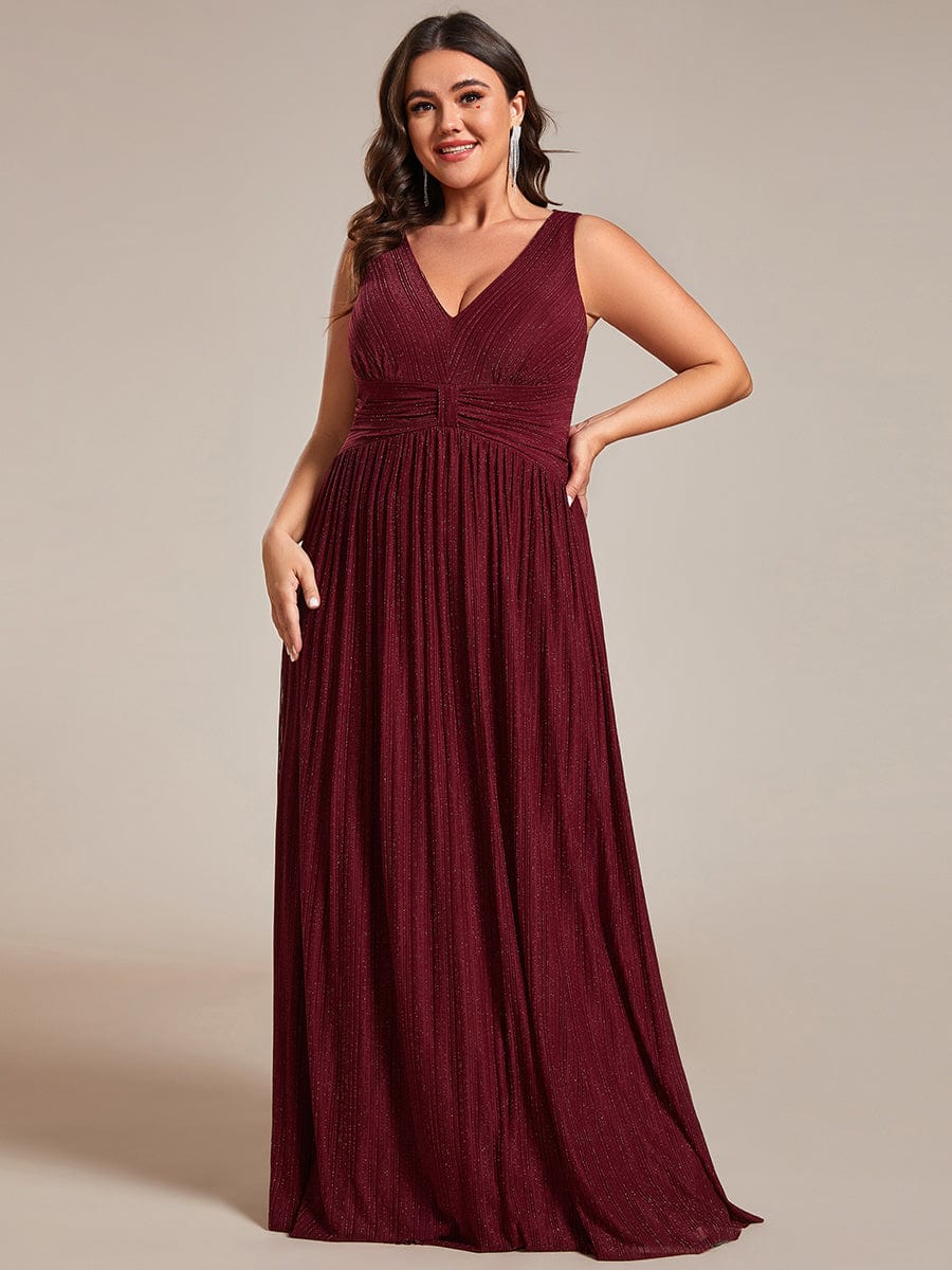 Glittery Sleeveless  Pleated Empire Waist A-Line Formal Evening Dress #color_Burgundy