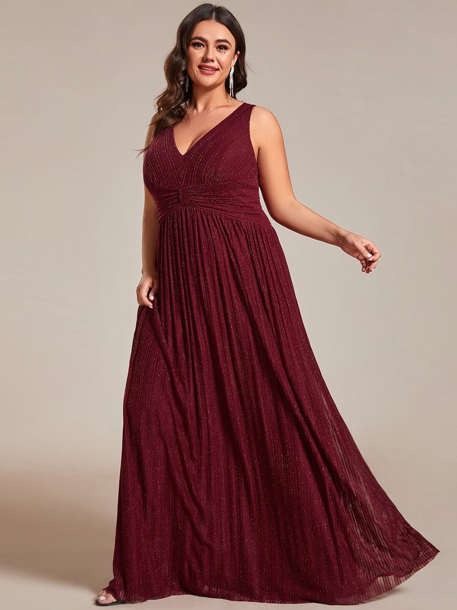 Plus Size Sleeveless V-Neck Pleated A-Line Formal Evening Dress #color_Burgundy