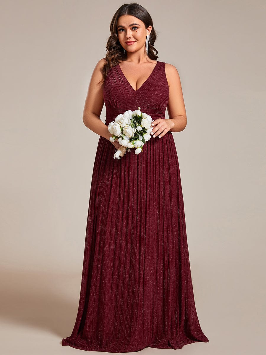 Plus Size Sleeveless V-Neck Pleated A-Line Formal Evening Dress #color_Burgundy