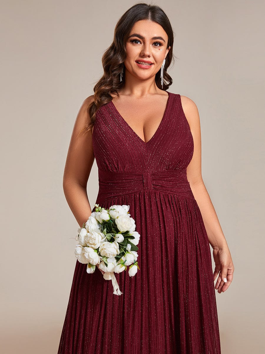 Glittery Sleeveless  Pleated Empire Waist A-Line Formal Evening Dress #color_Burgundy