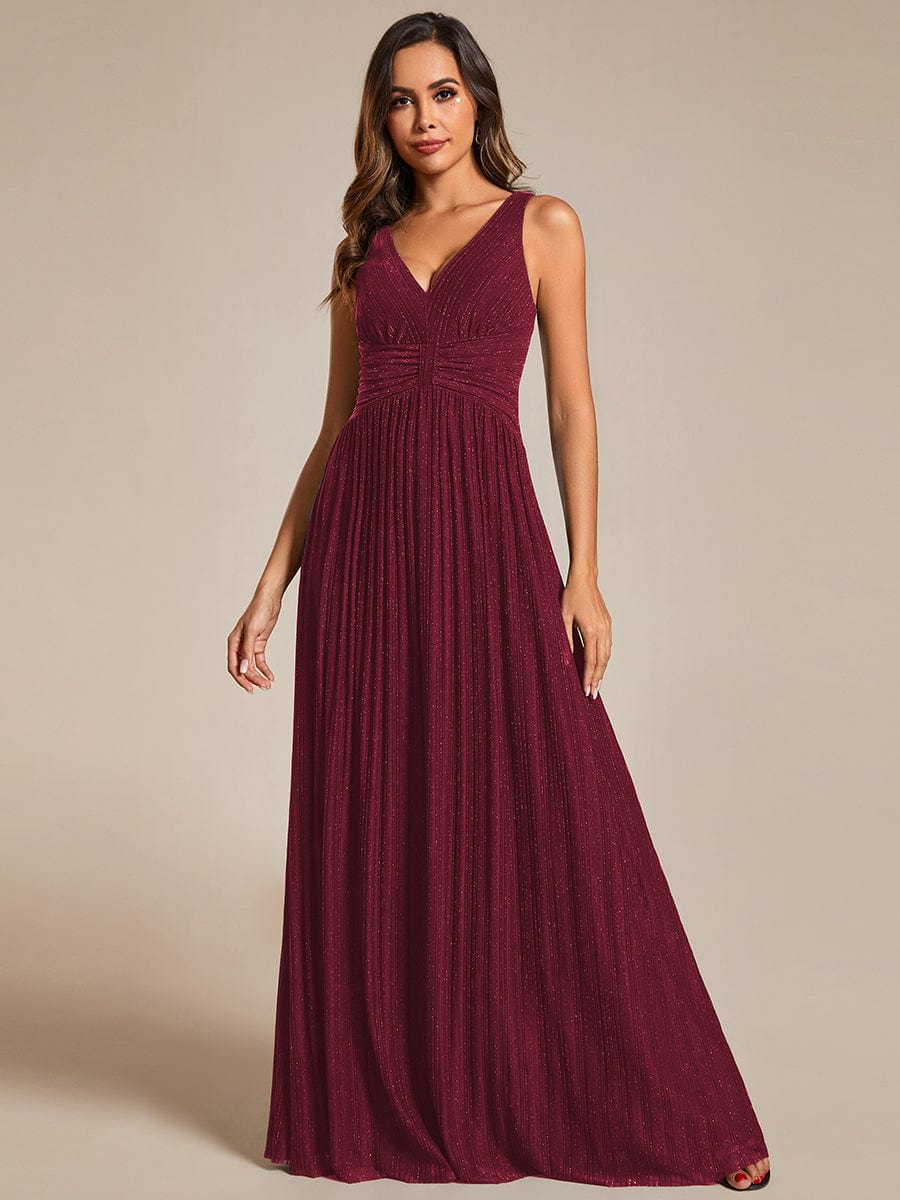 Glittery Sleeveless  Pleated Empire Waist A-Line Formal Evening Dress #color_Burgundy