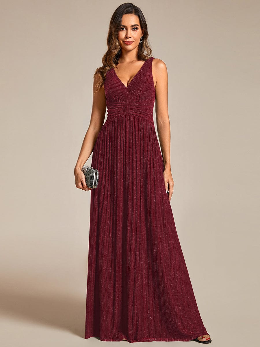 Glittery Sleeveless  Pleated Empire Waist A-Line Formal Evening Dress #color_Burgundy