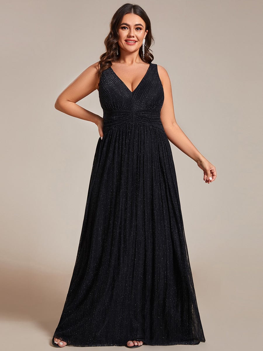 Glittery Sleeveless  Pleated Empire Waist A-Line Formal Evening Dress #color_Black