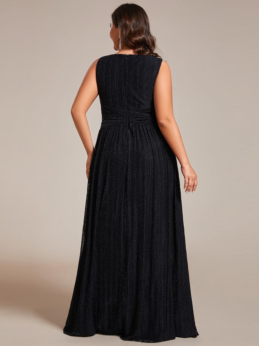 Glittery Sleeveless  Pleated Empire Waist A-Line Formal Evening Dress #color_Black