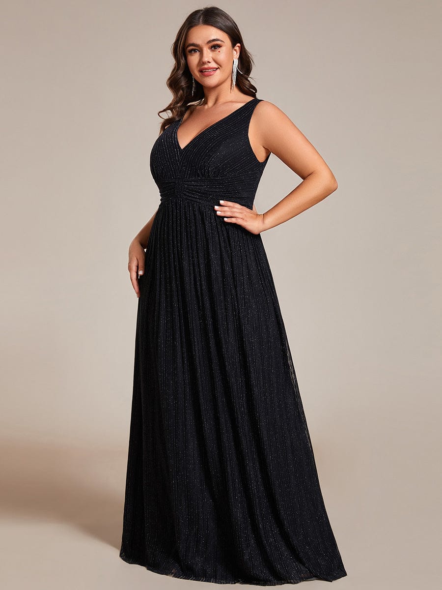 Plus Size Sleeveless V-Neck Pleated A-Line Formal Evening Dress #color_Black