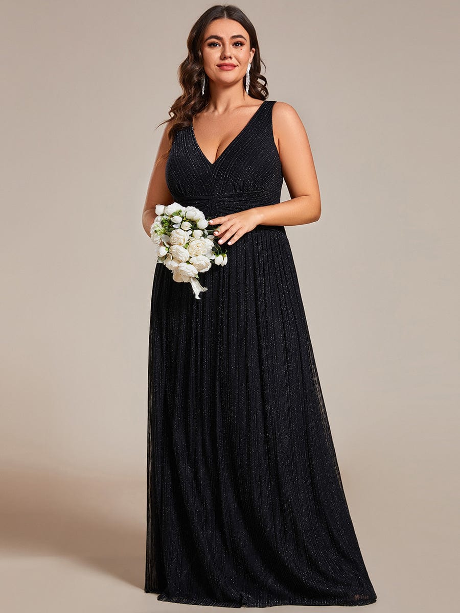 Plus Size Sleeveless V-Neck Pleated A-Line Formal Evening Dress #color_Black