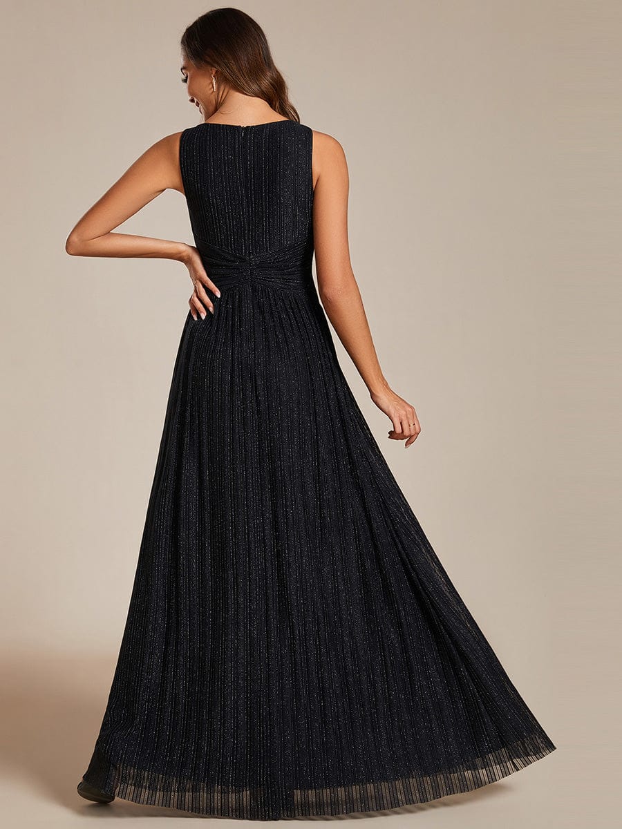 Glittery Sleeveless  Pleated Empire Waist A-Line Formal Evening Dress #color_Black