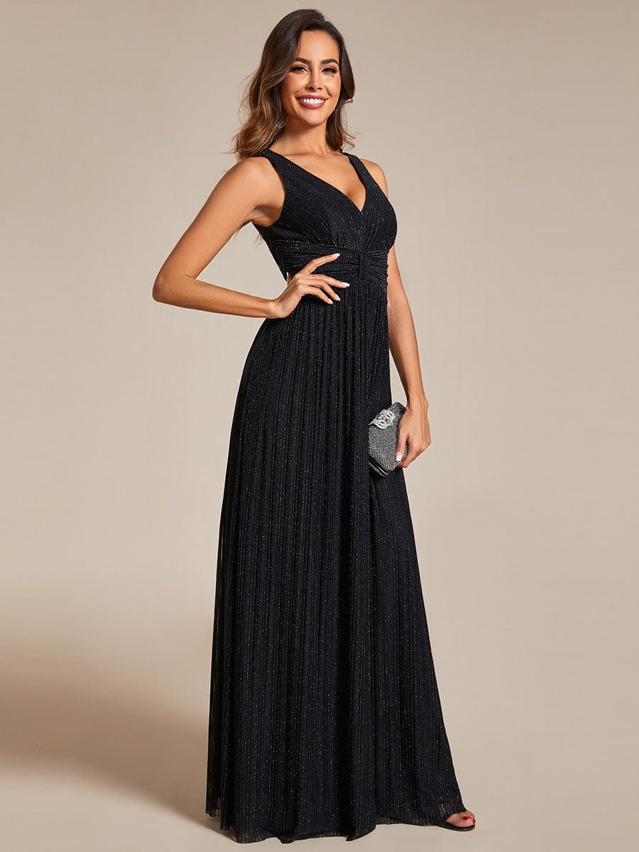 Glittery Sleeveless  Pleated Empire Waist A-Line Formal Evening Dress #color_Black