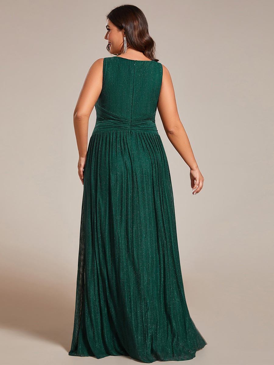 Plus Size Sleeveless V-Neck Pleated A-Line Formal Evening Dress #color_Dark Green