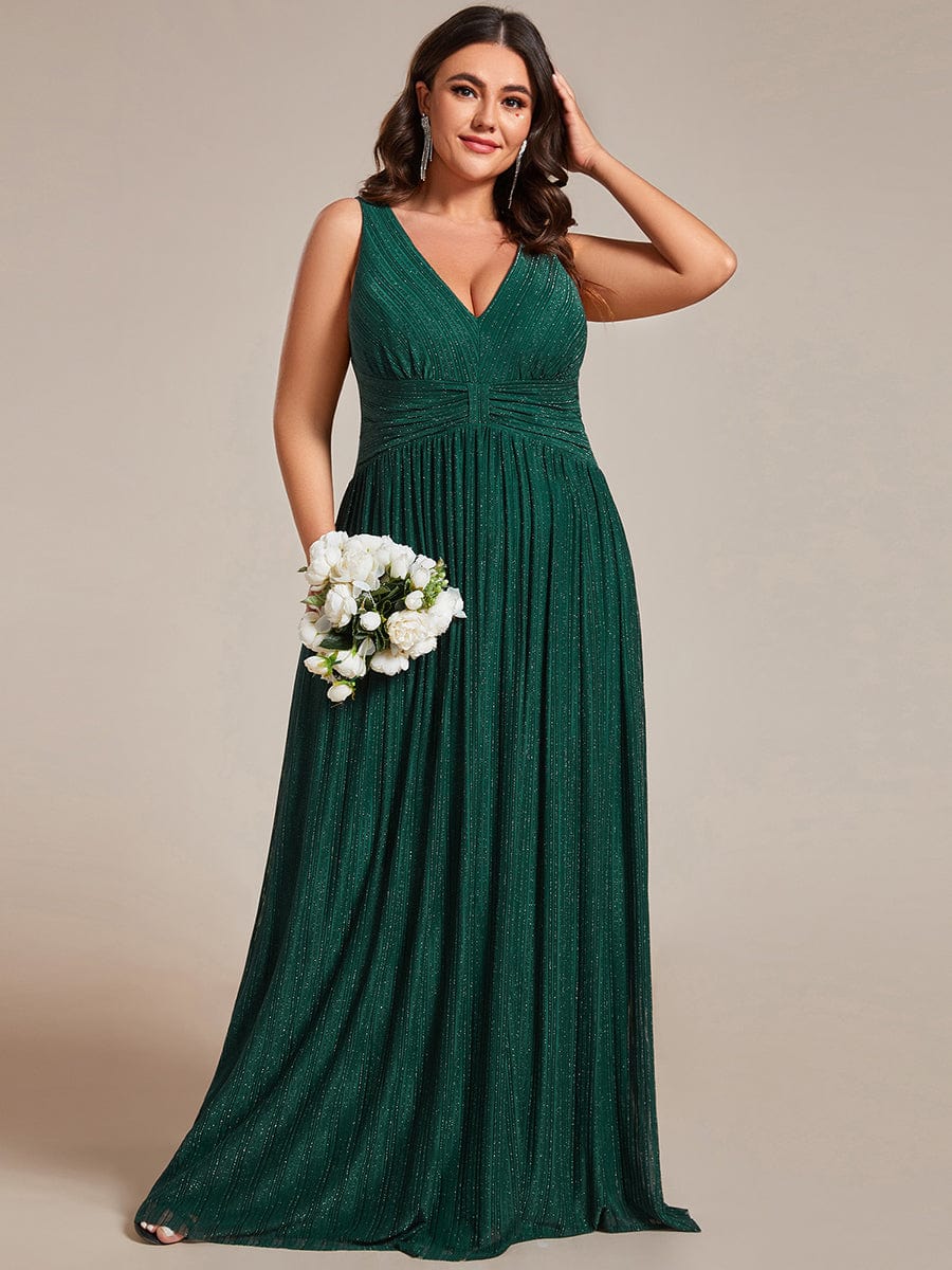 Plus Size Sleeveless V-Neck Pleated A-Line Formal Evening Dress #color_Dark Green