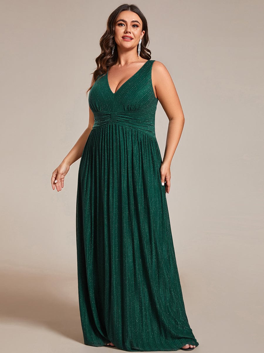 Plus Size Sleeveless V-Neck Pleated A-Line Formal Evening Dress #color_Dark Green