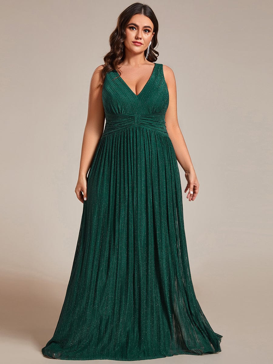 Plus Size Sleeveless V-Neck Pleated A-Line Formal Evening Dress #color_Dark Green