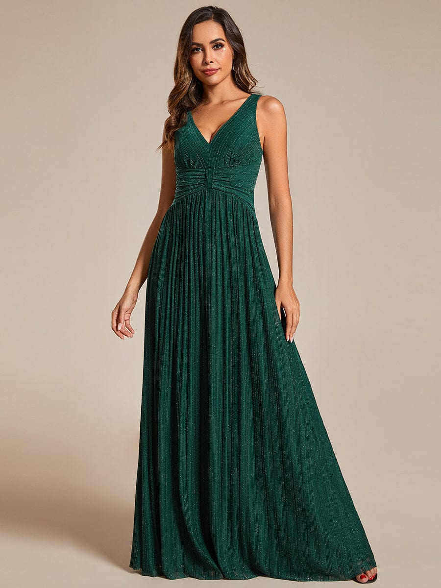 Glittery Sleeveless  Pleated Empire Waist A-Line Formal Evening Dress #color_Dark Green