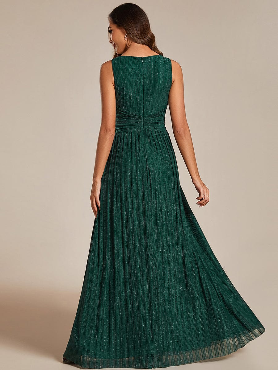 Glittery Sleeveless  Pleated Empire Waist A-Line Formal Evening Dress #color_Dark Green