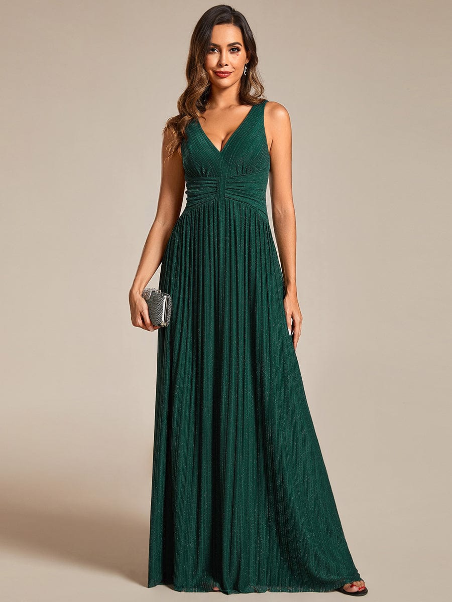 Glittery Sleeveless  Pleated Empire Waist A-Line Formal Evening Dress #color_Dark Green