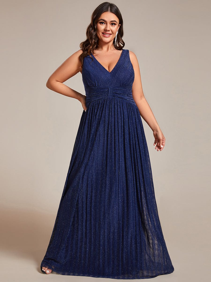 Glittery Sleeveless  Pleated Empire Waist A-Line Formal Evening Dress #color_Navy Blue