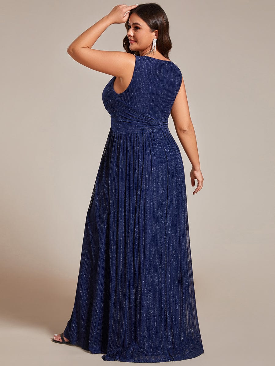 Glittery Sleeveless  Pleated Empire Waist A-Line Formal Evening Dress #color_Navy Blue