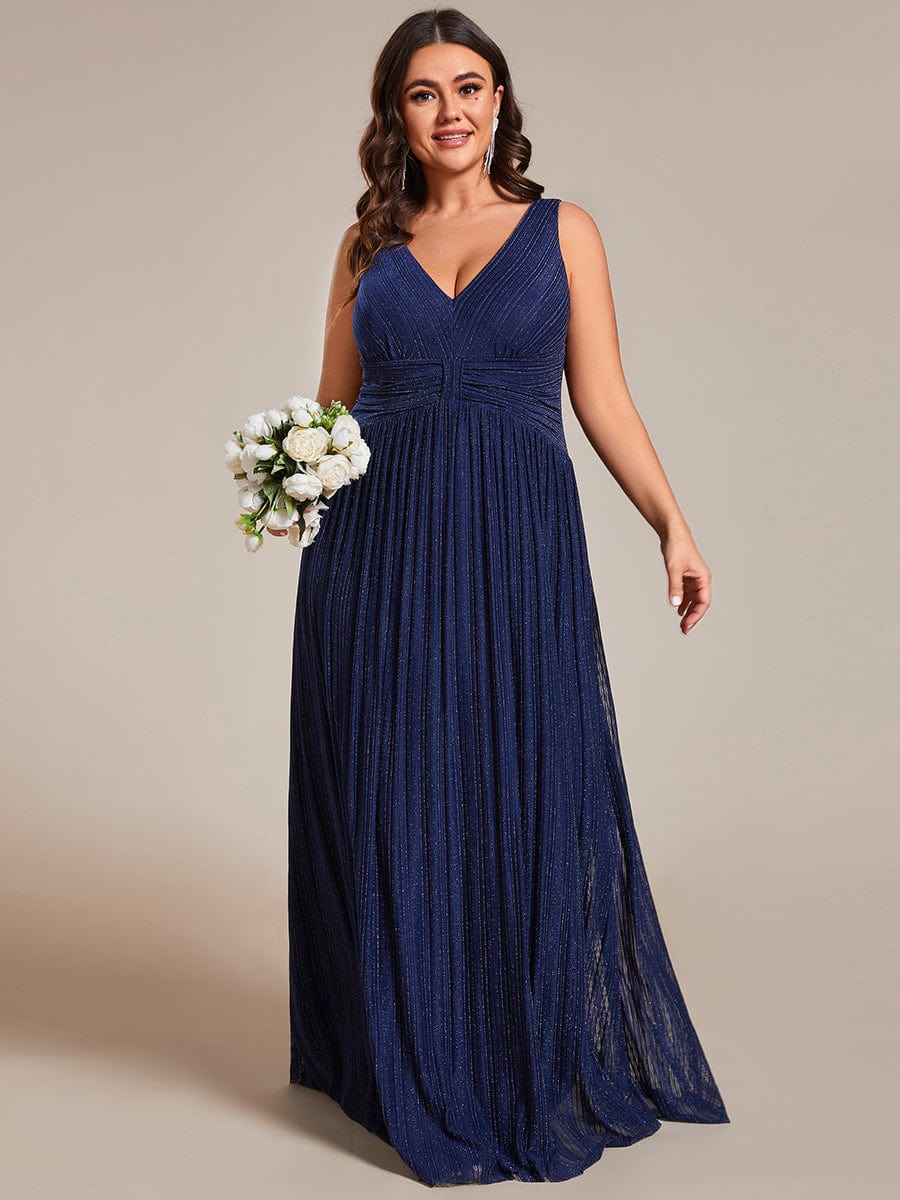 Plus Size Sleeveless V-Neck Pleated A-Line Formal Evening Dress #color_Navy Blue