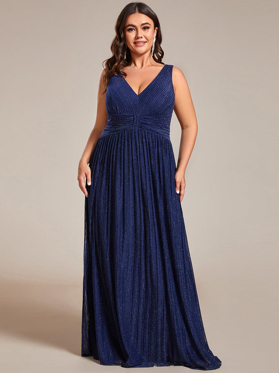 Plus Size Sleeveless V-Neck Pleated A-Line Formal Evening Dress #color_Navy Blue