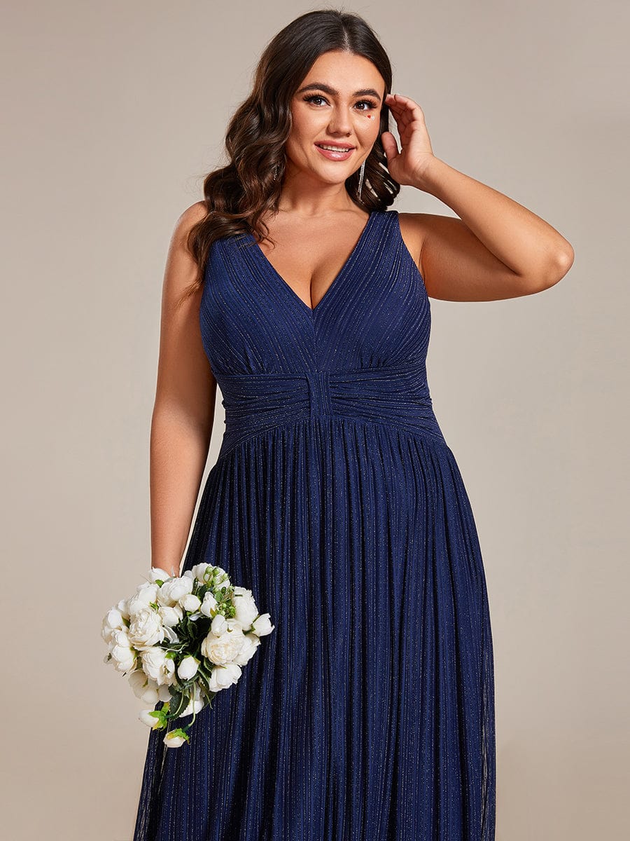 Glittery Sleeveless  Pleated Empire Waist A-Line Formal Evening Dress #color_Navy Blue