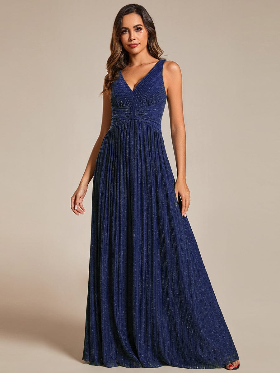 Glittery Sleeveless  Pleated Empire Waist A-Line Formal Evening Dress #color_Navy Blue