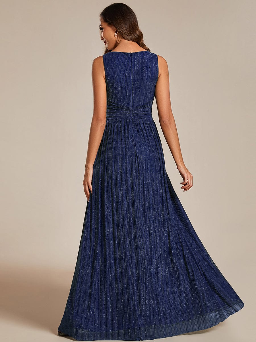 Glittery Sleeveless  Pleated Empire Waist A-Line Formal Evening Dress #color_Navy Blue