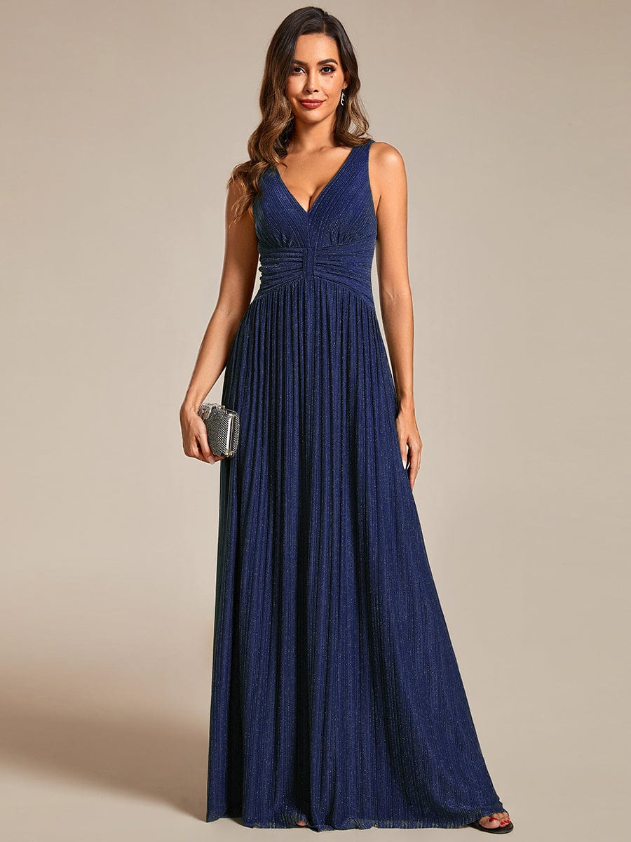 Glittery Sleeveless  Pleated Empire Waist A-Line Formal Evening Dress #color_Navy Blue