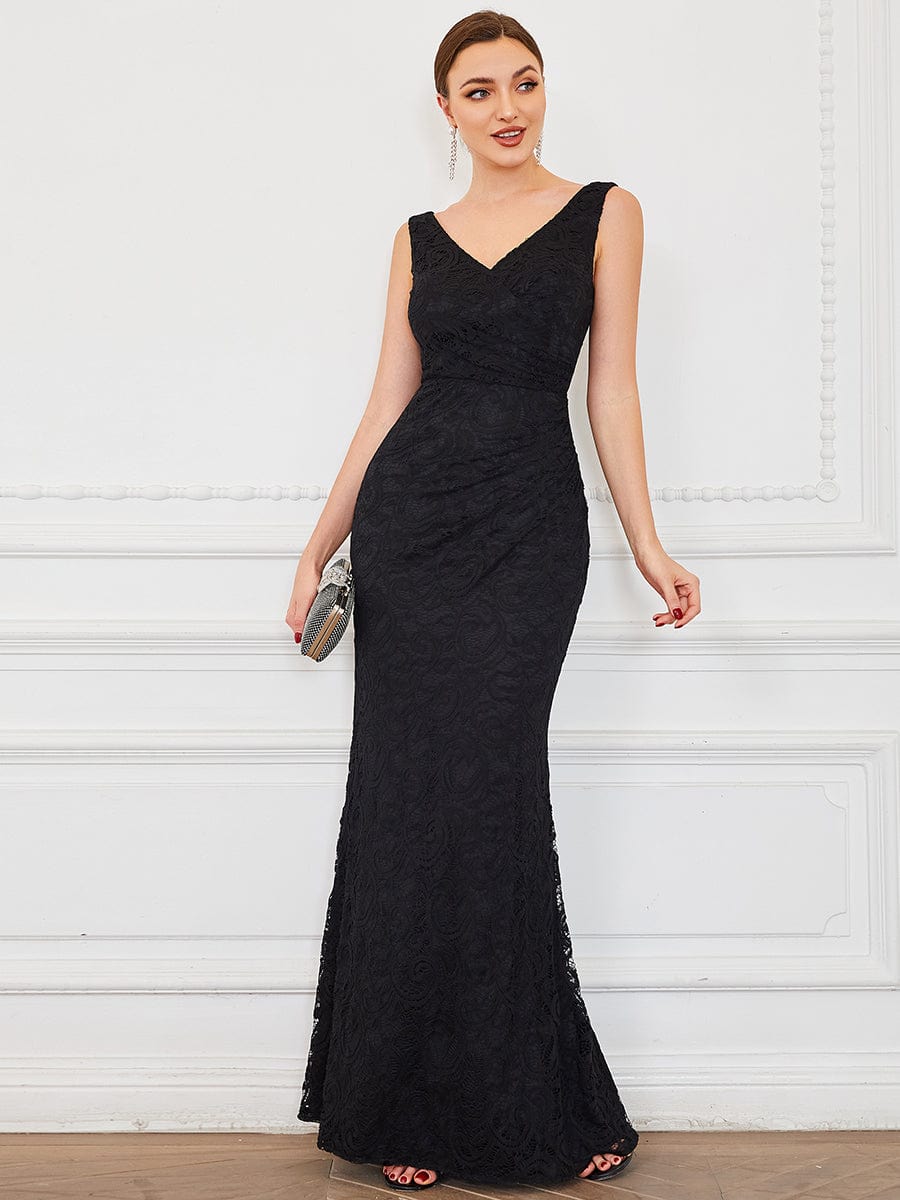 Pleated Lace Bodycon Sleeveless Floor-Length Evening Dress #color_Black