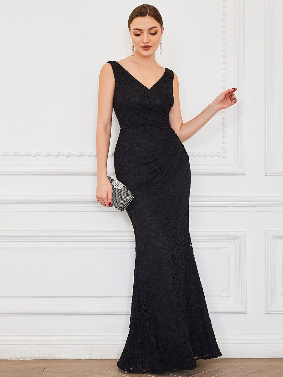 Pleated Lace Bodycon Sleeveless Floor-Length Evening Dress #color_Black