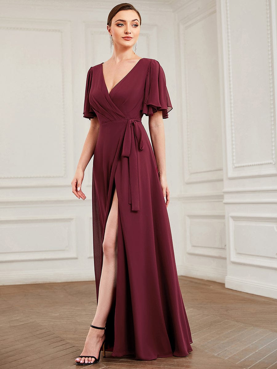 Chiffon V Neck Tie Waist High Slit Evening Dress Ever Pretty US