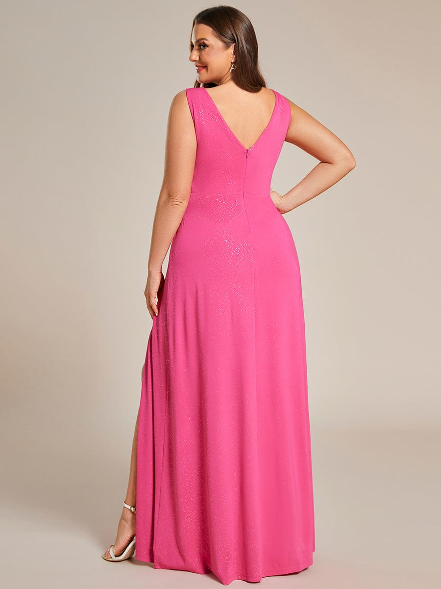 Glittery Sleeveless Double V-Neck Side Slit A-Line Formal Evening Dress #color_Hot Pink