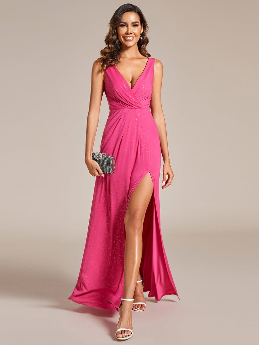 Glittery Sleeveless Double V-Neck Side Slit A-Line Formal Evening Dress #color_Hot Pink