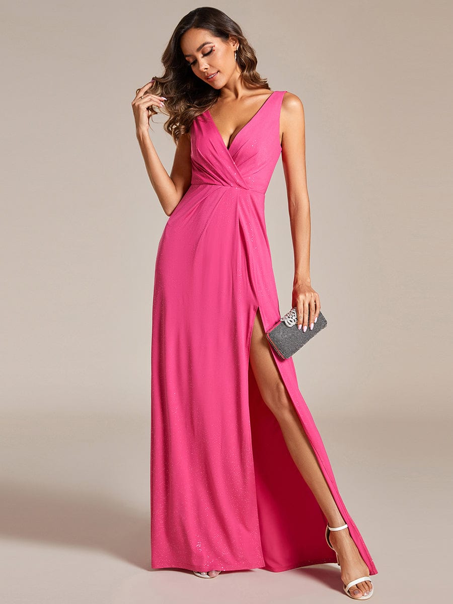 Glittery Sleeveless Double V-Neck Side Slit A-Line Formal Evening Dress #color_Hot Pink