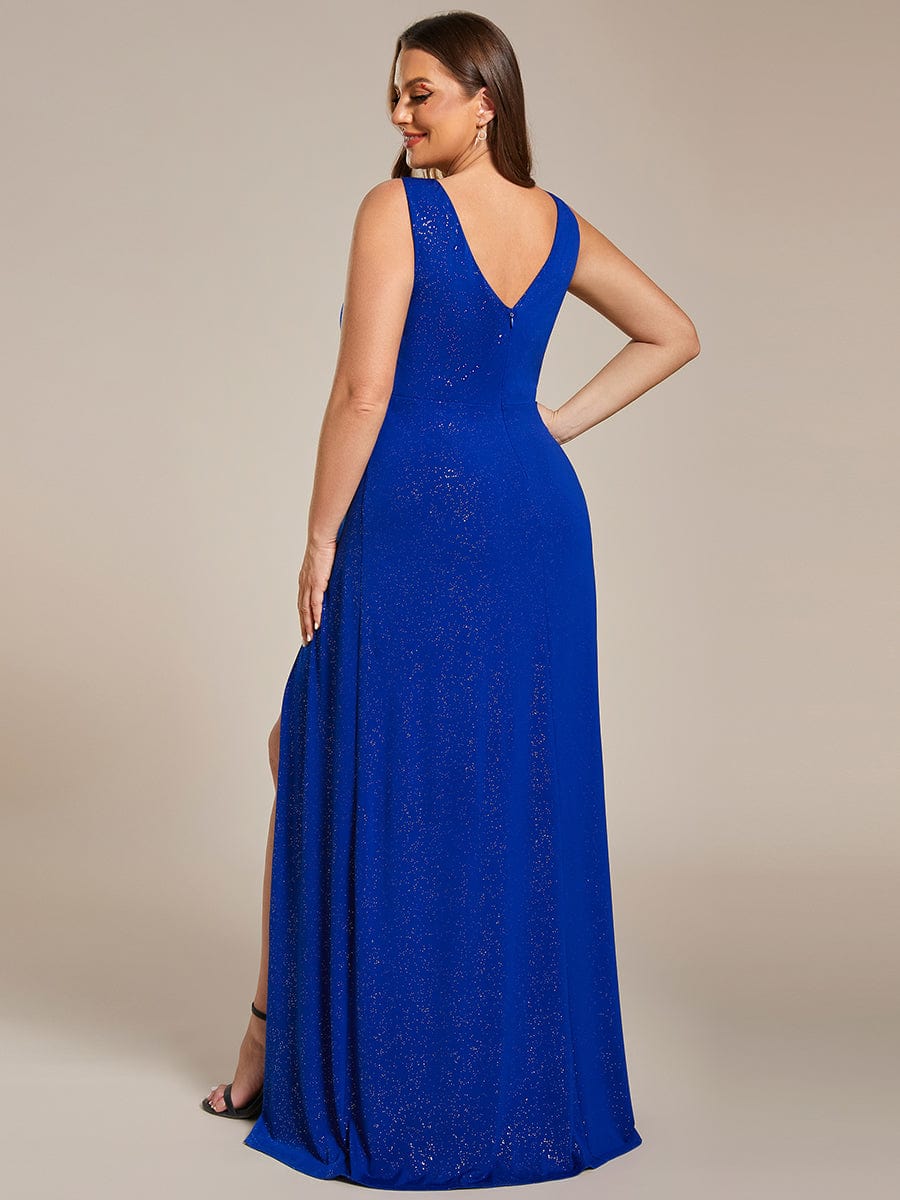 Plus Size Shiny V Neck Side Split Formal Evening Dress #color_Sapphire Blue