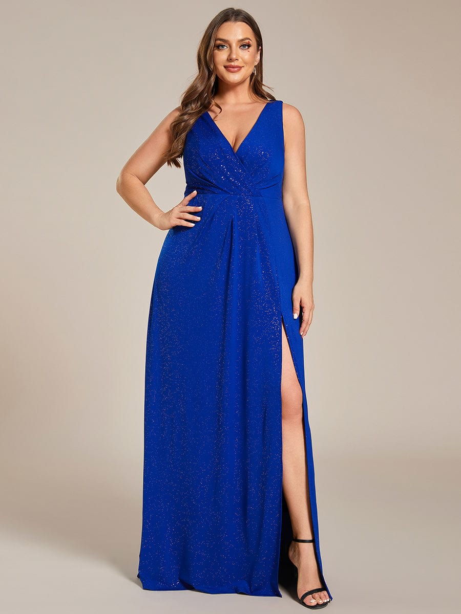 Glittery Sleeveless Double V-Neck Side Slit A-Line Formal Evening Dress #color_Sapphire Blue