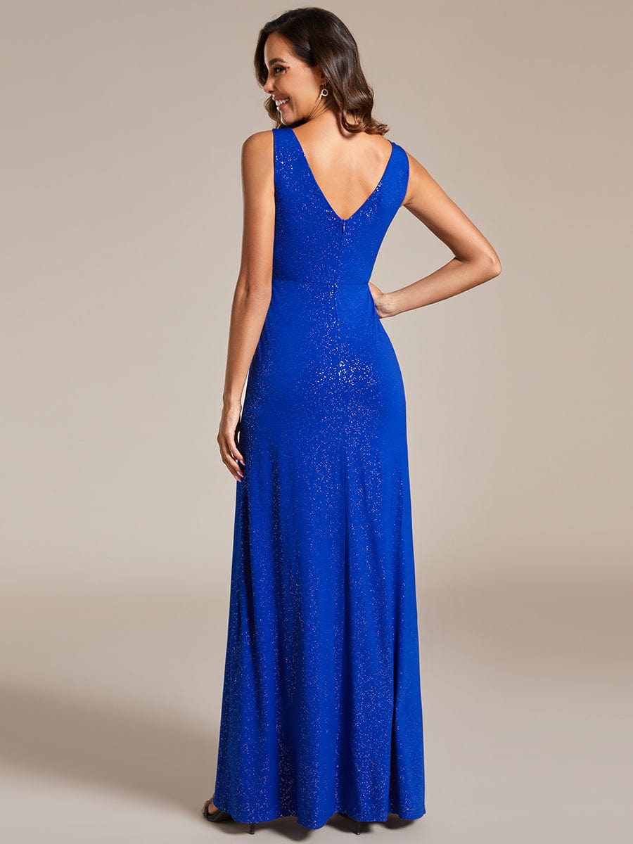 Glittery Sleeveless Double V-Neck Side Slit A-Line Formal Evening Dress #color_Sapphire Blue