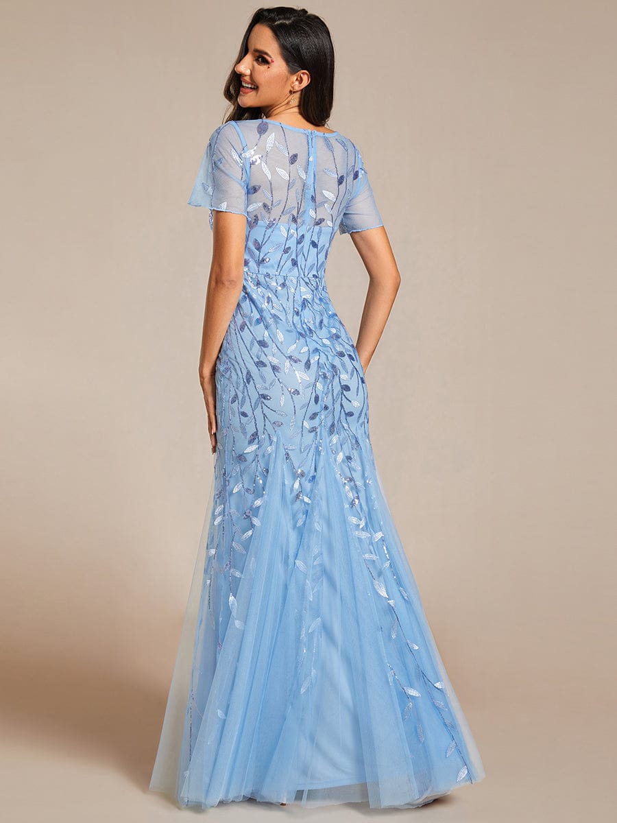 Floral Sequin Maxi Fishtail Tulle Prom Dress with Half Sleeve #Color_Sky Blue