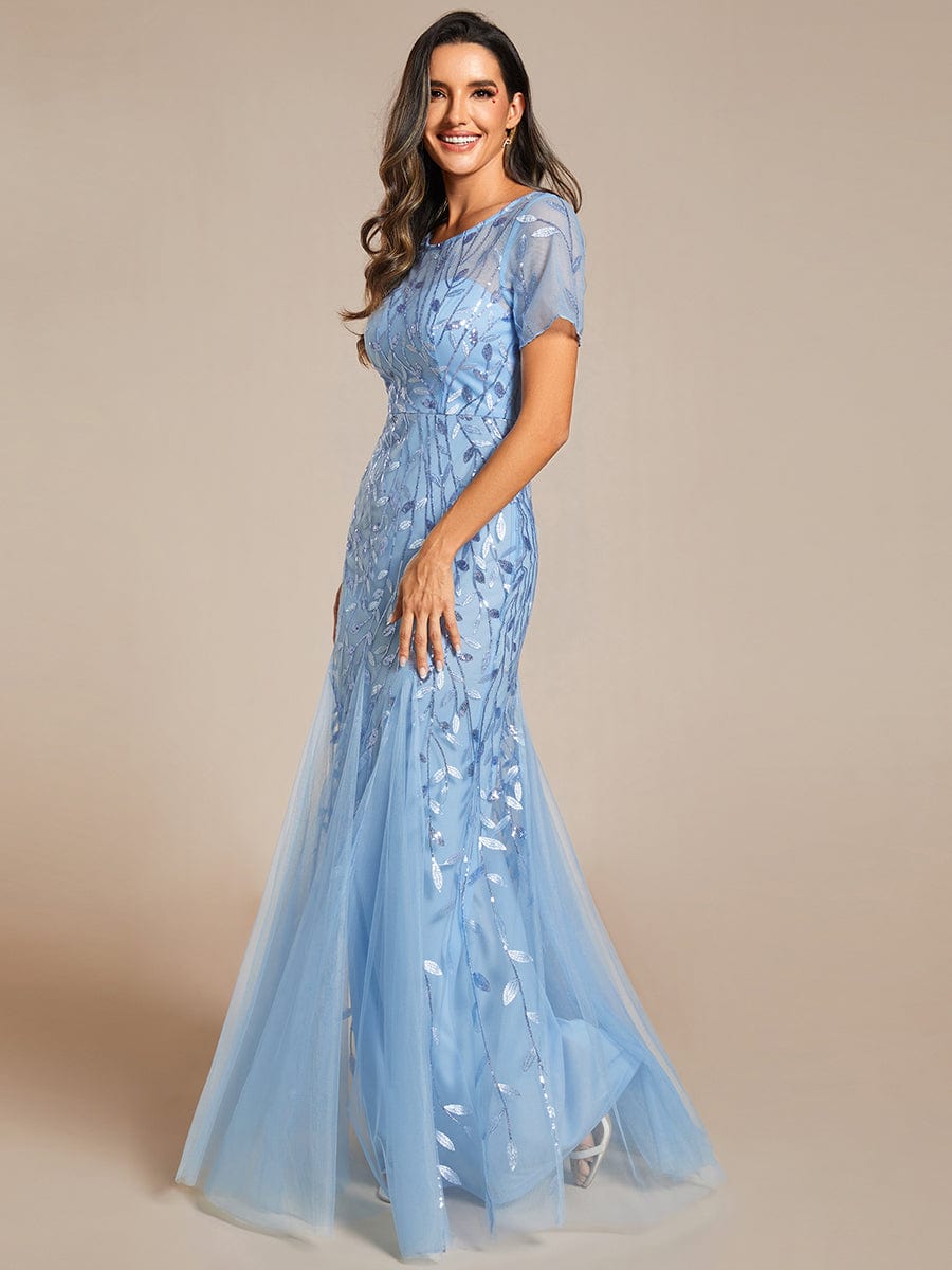 Floral Sequin Maxi Fishtail Tulle Prom Dress with Half Sleeve #Color_Sky Blue