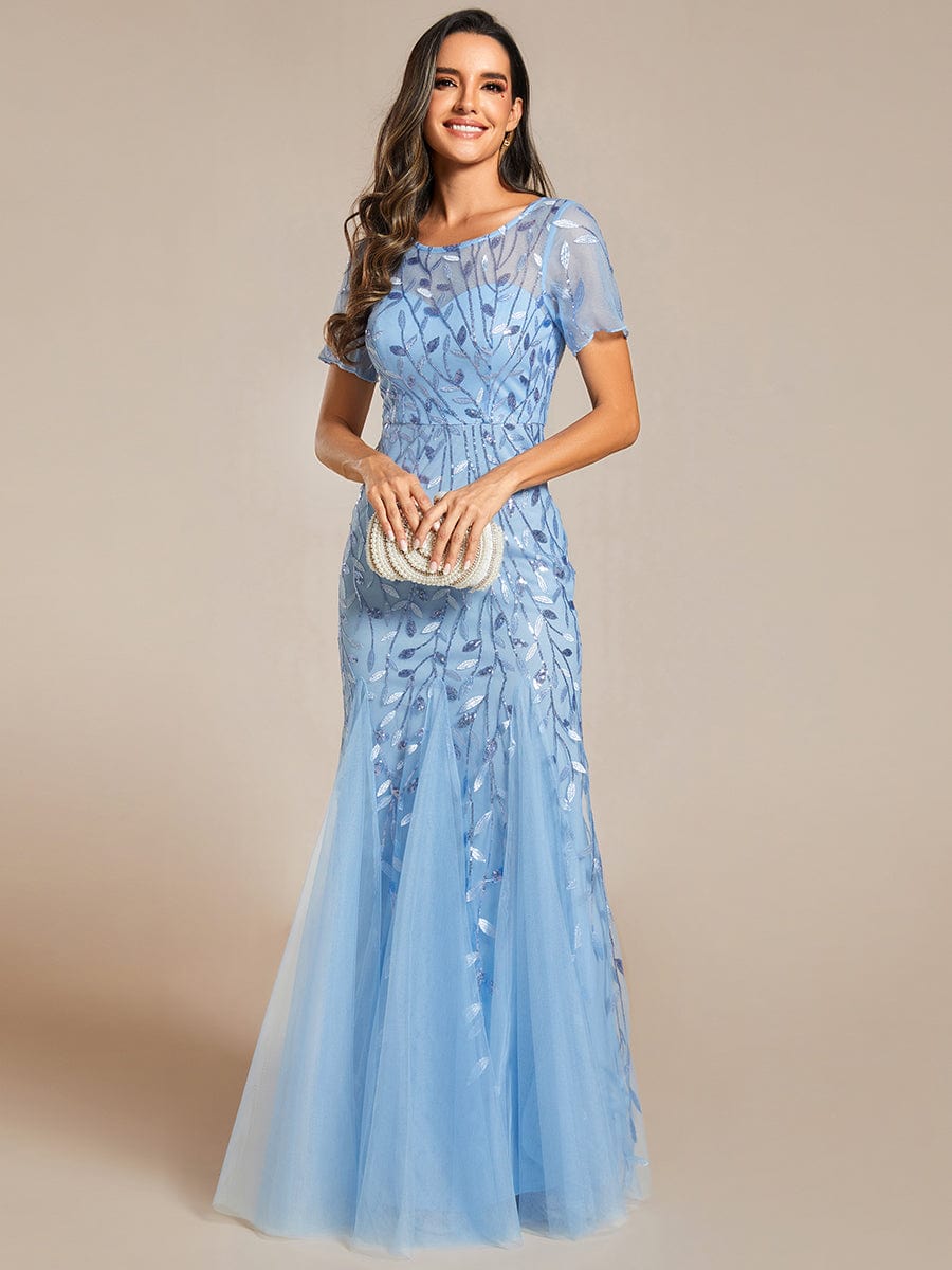 Floral Sequin Maxi Fishtail Tulle Prom Dress with Half Sleeve #Color_Sky Blue