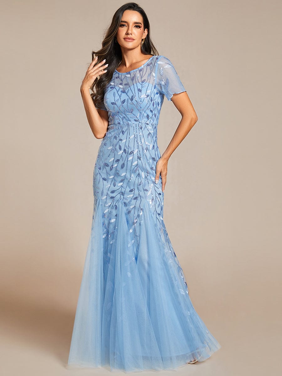 Floral Sequin Maxi Fishtail Tulle Prom Dress with Half Sleeve #Color_Sky Blue