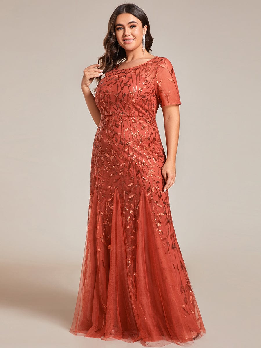 Floral Sequin Print Plus Size Mermaid Tulle Evening Dress #color_Burnt Orange