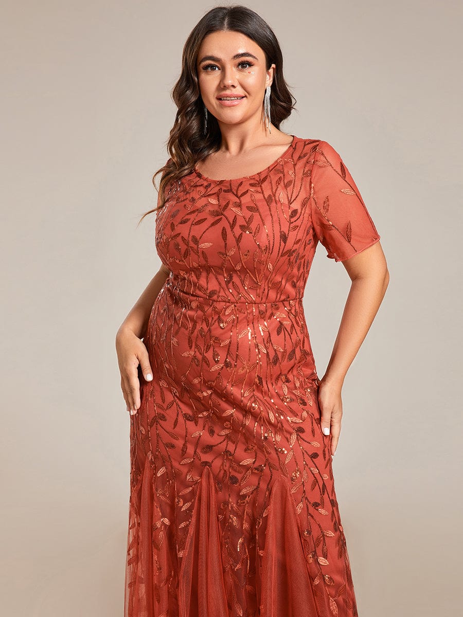 Floral Sequin Print Plus Size Mermaid Tulle Evening Dress #color_Burnt Orange