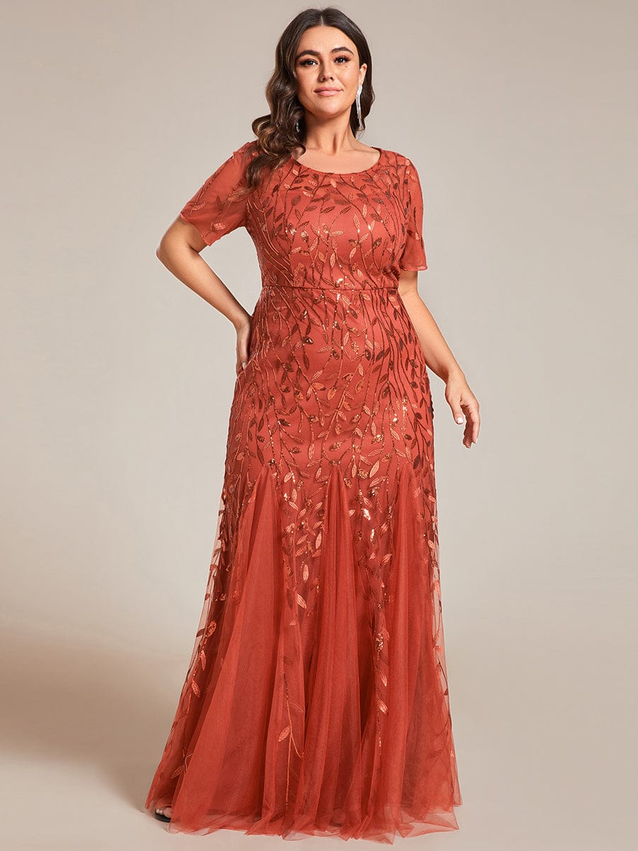 Floral Sequin Print Plus Size Mermaid Tulle Evening Dress #color_Burnt Orange