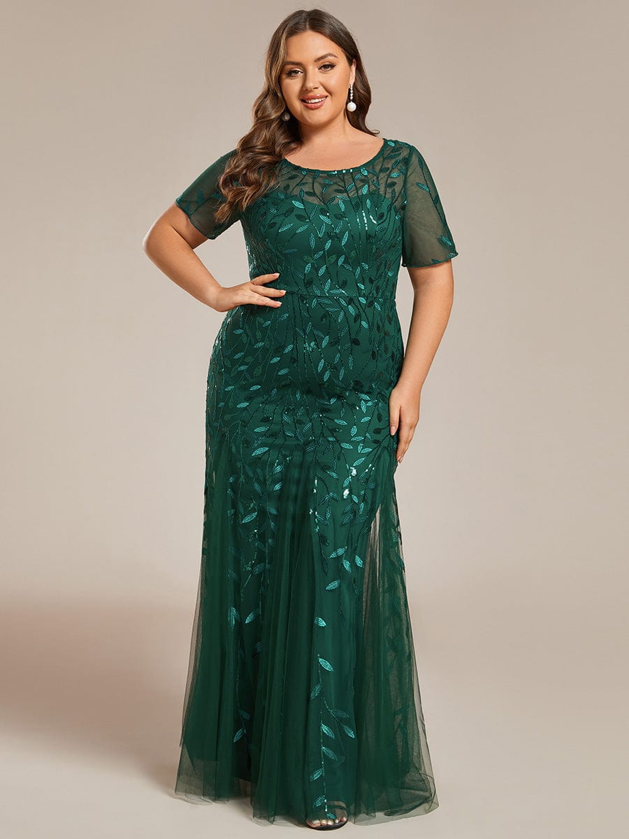 Floral Sequin Print Plus Size Mermaid Tulle Evening Dress #color_Dark Green