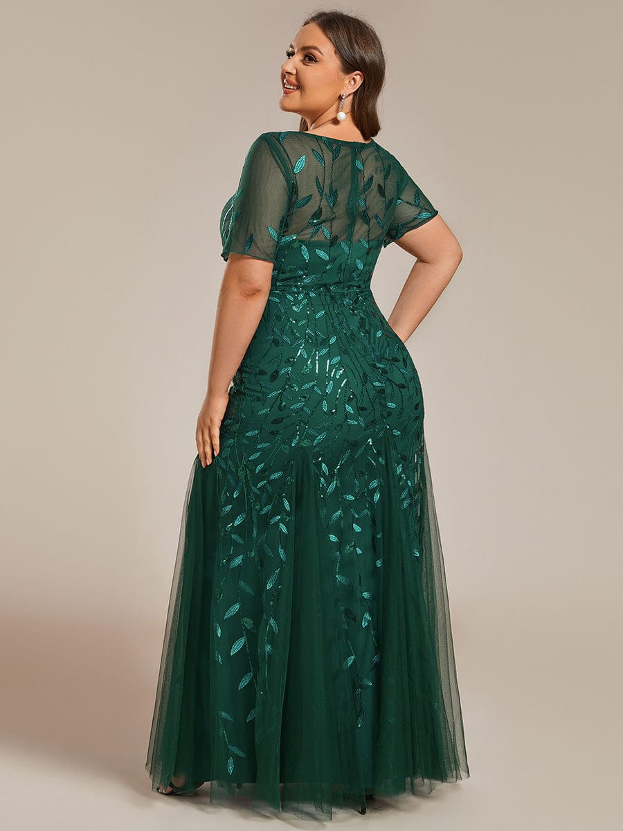 Floral Sequin Print Plus Size Mermaid Tulle Evening Dress #color_Dark Green