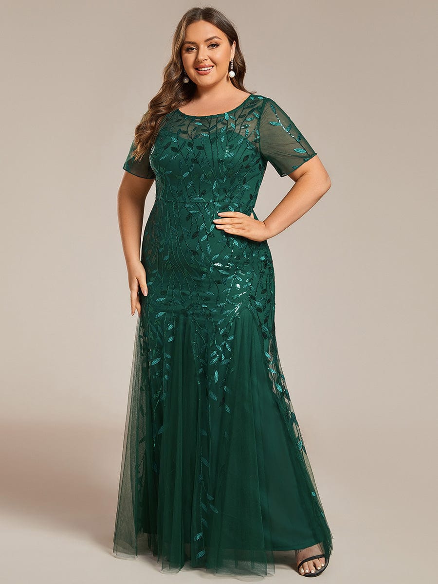 Floral Sequin Maxi Fishtail Tulle Prom Dress with Half Sleeve #Color_Dark Green