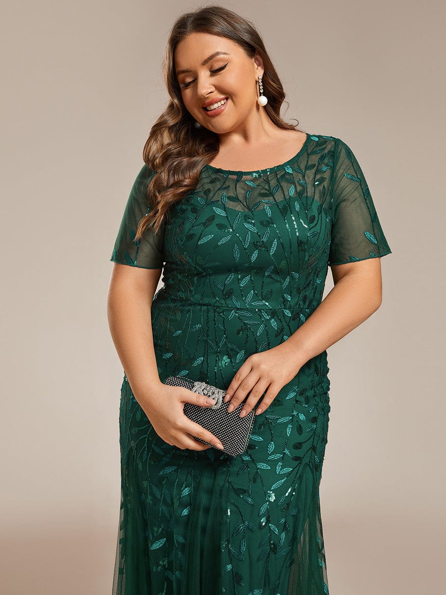 Floral Sequin Print Plus Size Mermaid Tulle Evening Dress #color_Dark Green