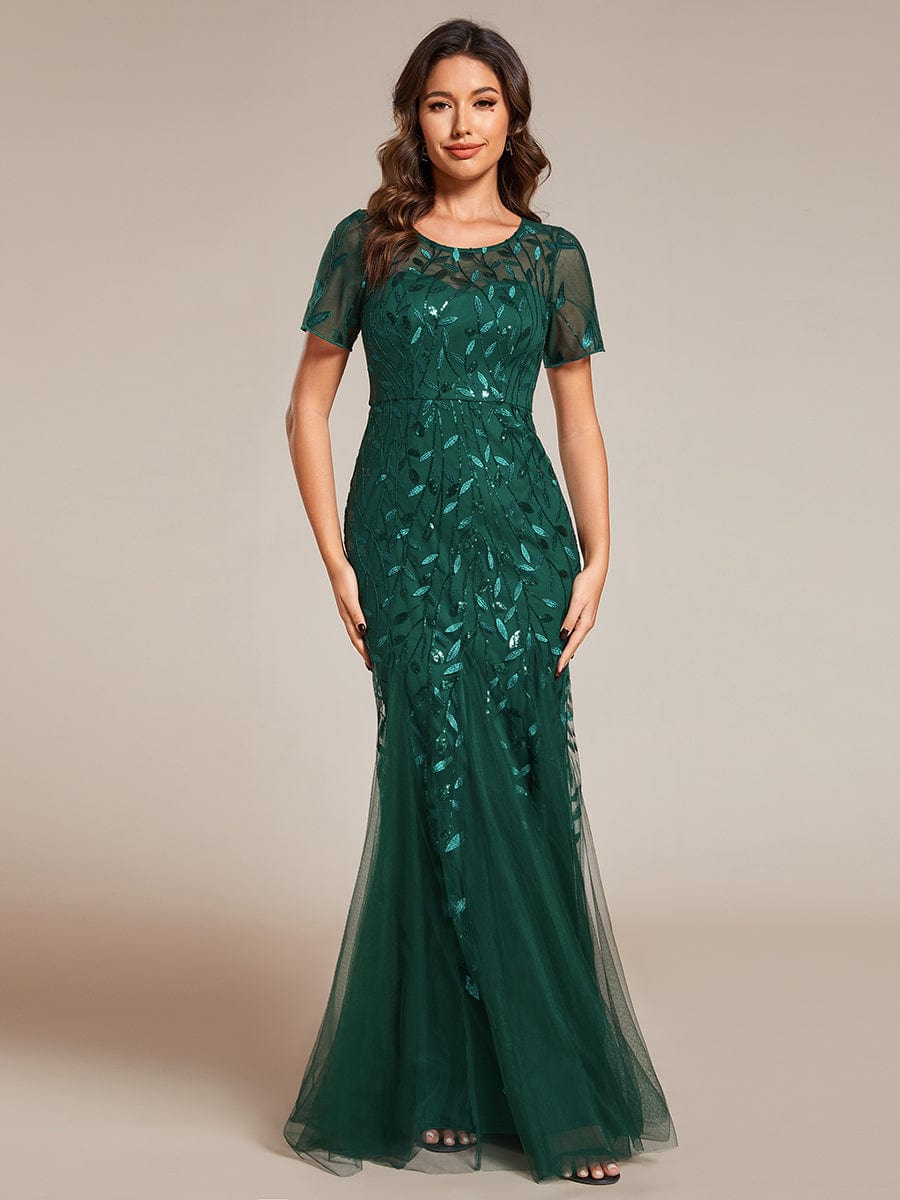 Floral Sequin Maxi Fishtail Tulle Prom Dress with Half Sleeve #Color_Dark Green