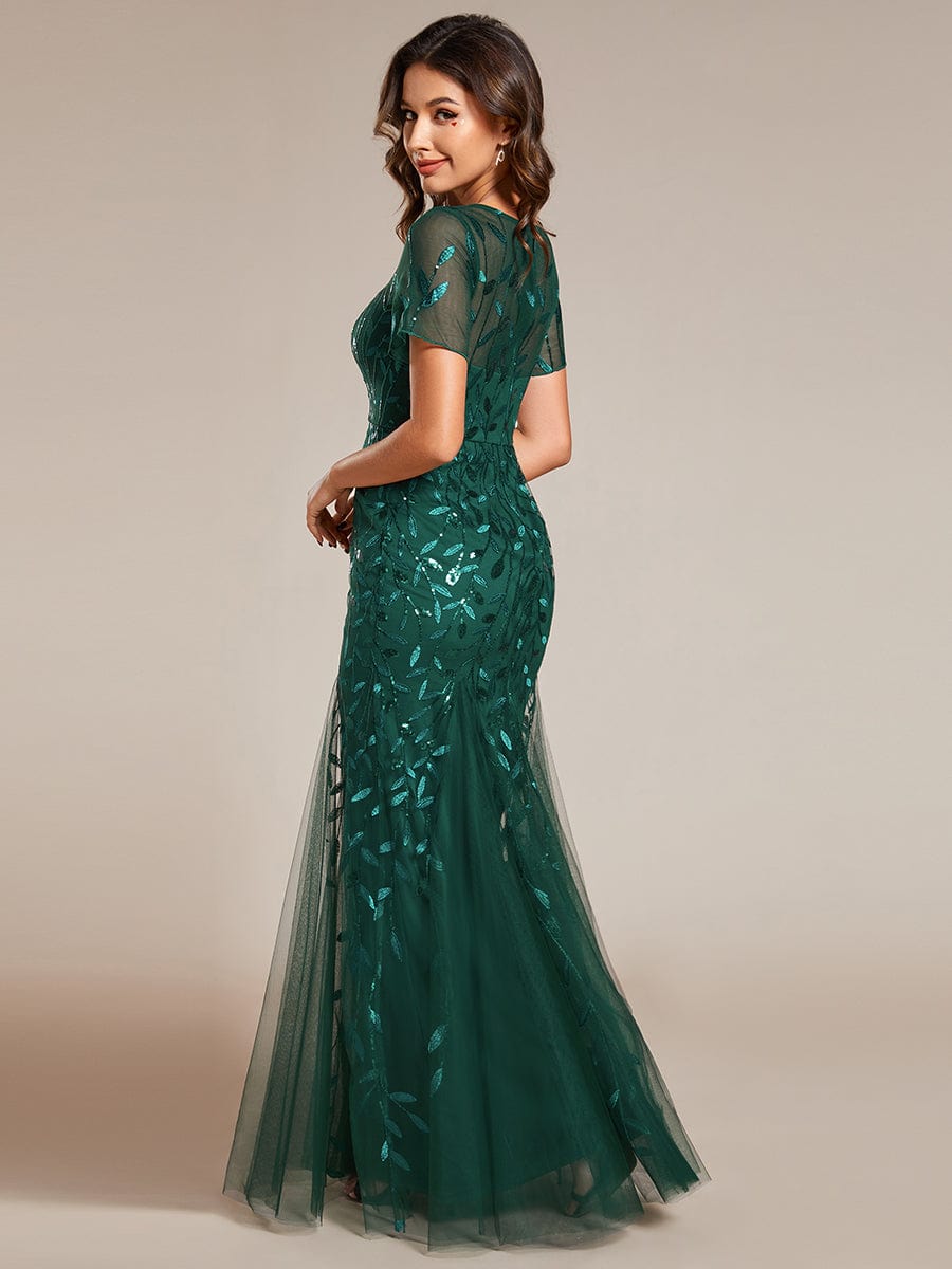 Floral Sequin Maxi Fishtail Tulle Prom Dress with Half Sleeve #Color_Dark Green