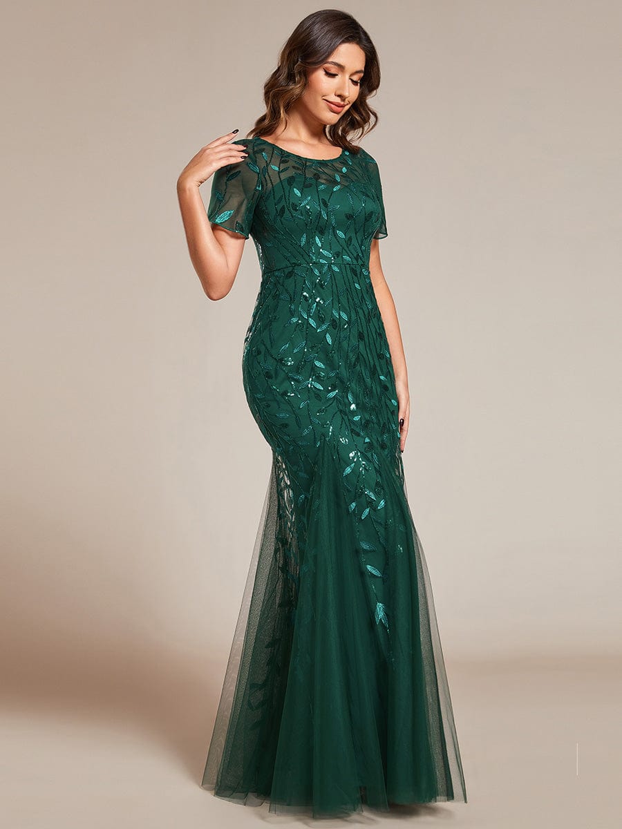 Floral Sequin Maxi Fishtail Tulle Prom Dress with Half Sleeve #Color_Dark Green